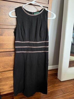 Lauren Ralph Lauren Black Midi Sheath Dress with Brown Trim Detail
